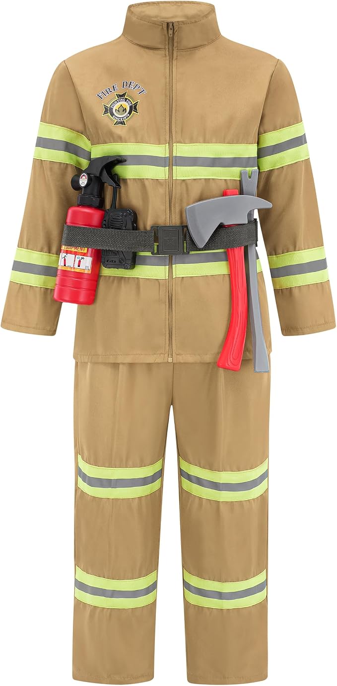 Career Day FIREFIGHTER - Kids' TAN 10PC Fireman Costume with accessories SIZE 3-4 - Image 6