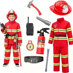 Career Day FIREFIGHTER - Kids' RED 10PC Fireman Costume with accessories SIZE 5-6