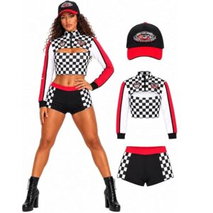 HALLOWEEN - RACE CAR DRIVER - 3PCS Womens Race Car Driver Costume Checkered Racing Girl Set SIZE MEDIUM
