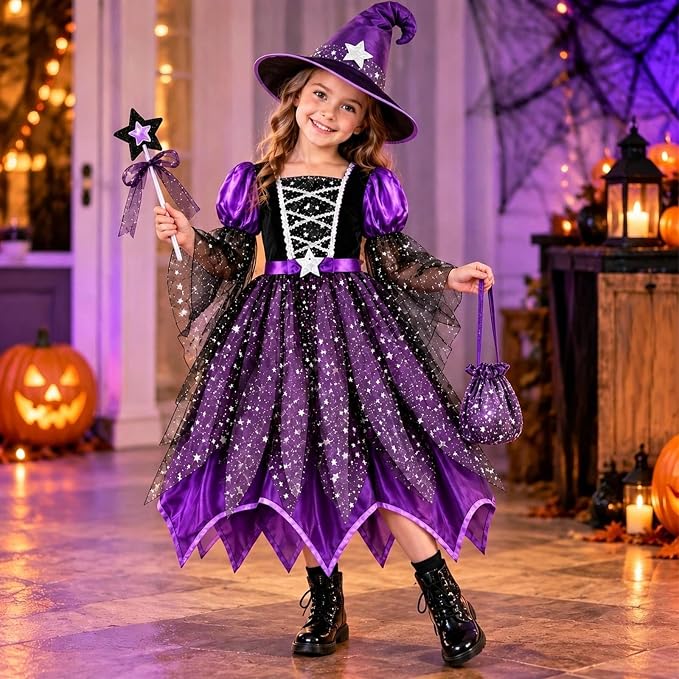 HALLOWEEN - Girls 4 Piece Witch Costume Halloween Set Sequin Tulle with Hat Candy Bag - Image 3