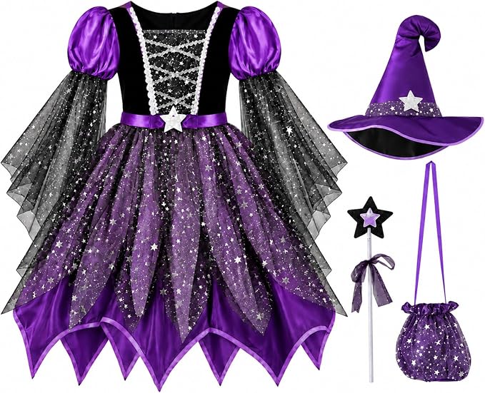 HALLOWEEN - Girls 4 Piece Witch Costume Halloween Set Sequin Tulle with Hat Candy Bag - Image 2