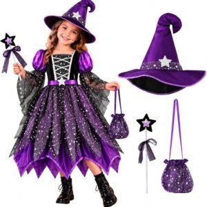 HALLOWEEN - Girls 4 Piece Witch Costume Halloween Set Sequin Tulle with Hat Candy Bag