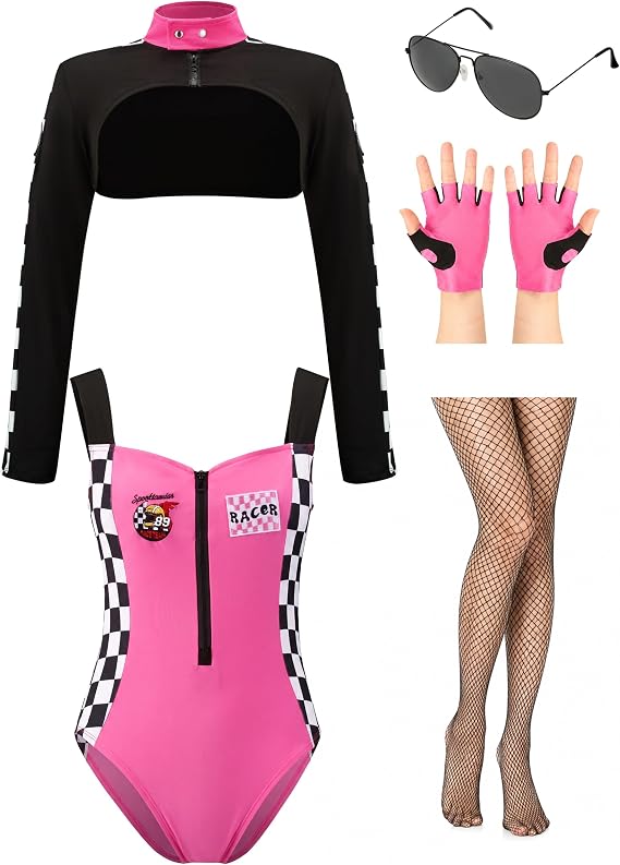 HALLOWEEN - RACE CAR DRIVER - 5 Pcs PINK-BLACK Halloween Race Car Driver Costume Women SIZE MEDIUM - Image 5