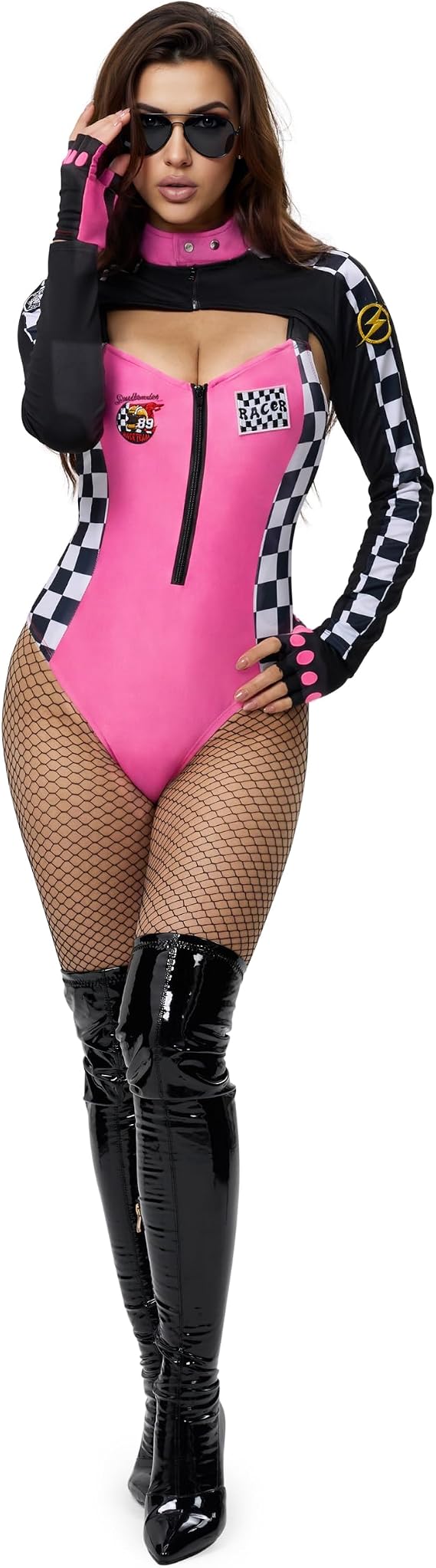 HALLOWEEN - RACE CAR DRIVER - 5 Pcs PINK-BLACK Halloween Race Car Driver Costume Women SIZE MEDIUM - Image 4