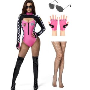 HALLOWEEN - RACE CAR DRIVER - 5 Pcs PINK-BLACK Halloween Race Car Driver Costume Women SIZE MEDIUM