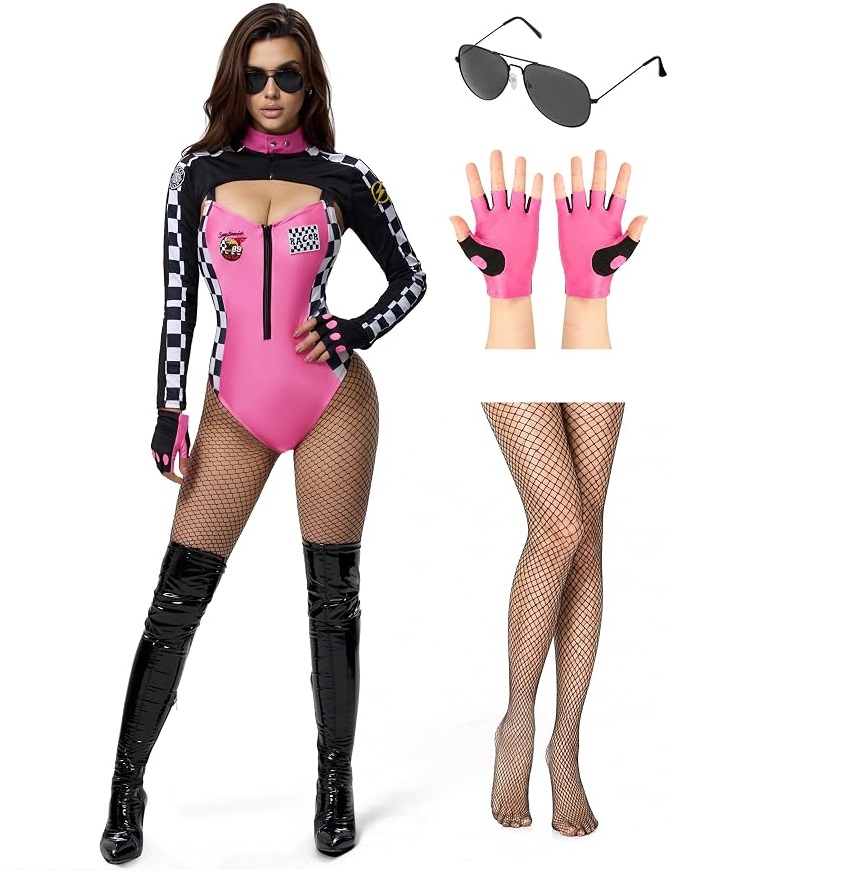 HALLOWEEN - RACE CAR DRIVER - 5 Pcs PINK-BLACK Halloween Race Car Driver Costume Women SIZE MEDIUM