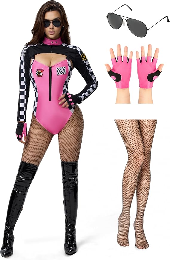 HALLOWEEN - RACE CAR DRIVER - 5 Pcs PINK-BLACK Halloween Race Car Driver Costume Women SIZE MEDIUM - Image 6