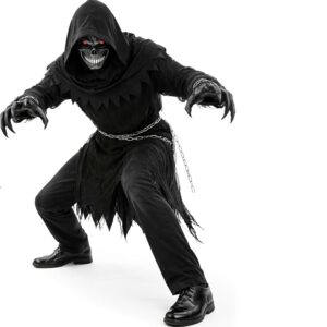 HALLOWEEN – Mens Grim Reaper Hooded Costume - Robe with Chains & Light-Up Skull Mask