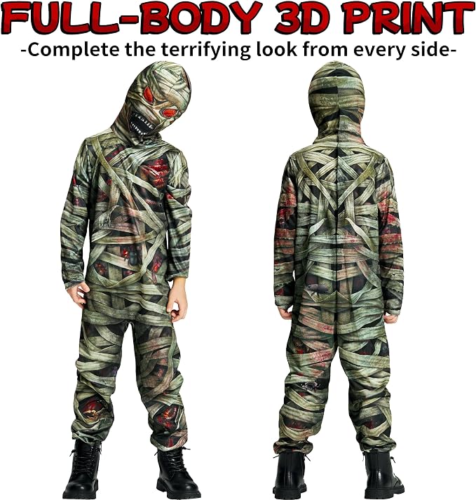 HALLOWEEN - Kids Mummy Costume, Creepy Zombie Hooded Jumpsuit - Image 7
