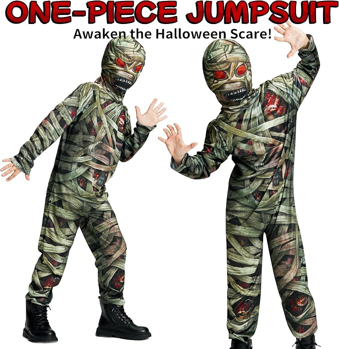 HALLOWEEN - Kids Mummy Costume, Creepy Zombie Hooded Jumpsuit - Image 6
