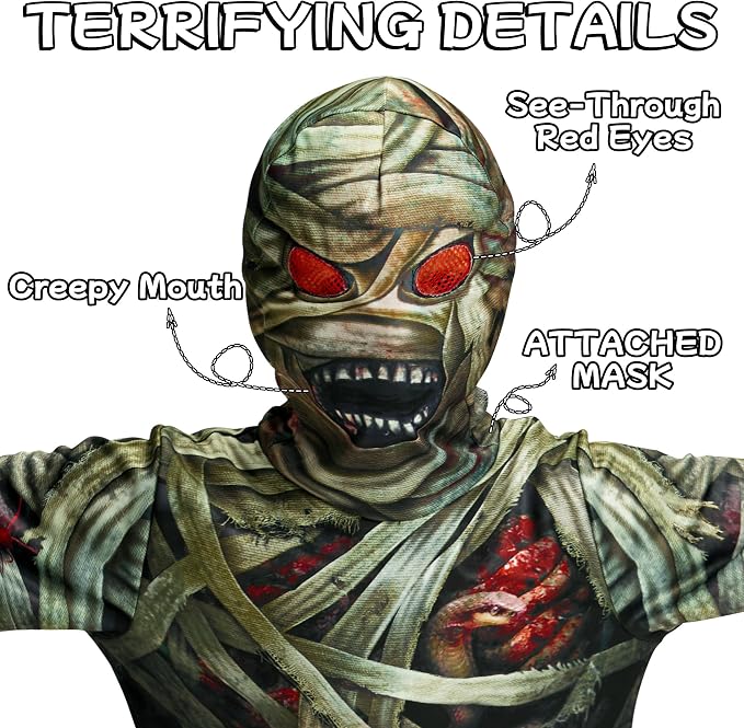 HALLOWEEN - Kids Mummy Costume, Creepy Zombie Hooded Jumpsuit - Image 5