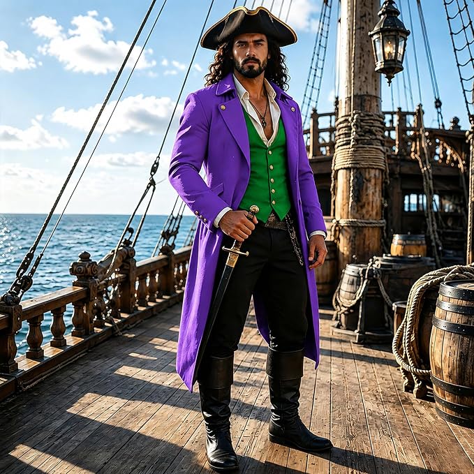 HALLOWEEN - Men's Goth Renaissance Tailcoat Jacket (PURPLE/GREEN) - SIZE MEDIUM - Image 4
