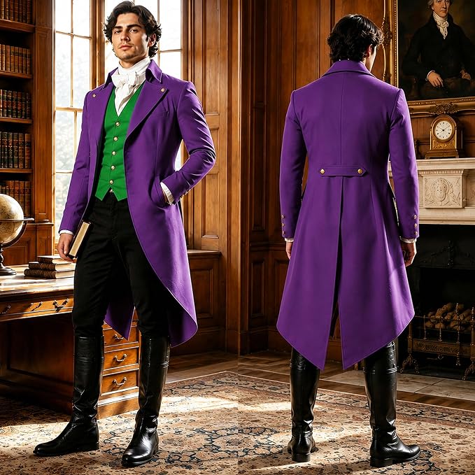 HALLOWEEN - Men's Goth Renaissance Tailcoat Jacket (PURPLE/GREEN) - SIZE MEDIUM - Image 3