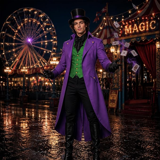 HALLOWEEN - Men's Goth Renaissance Tailcoat Jacket (PURPLE/GREEN) - SIZE MEDIUM - Image 2